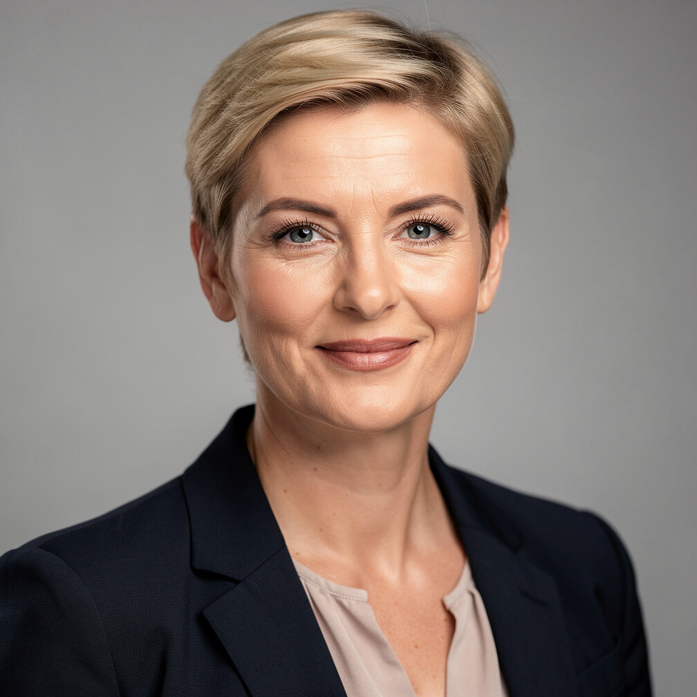 Portrait of a German woman researcher with short blonde hair