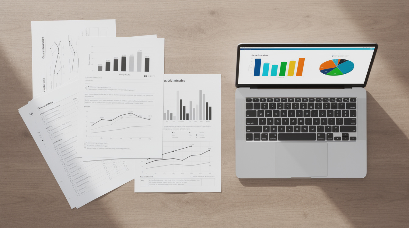 Research charts and data visualizations on a desk